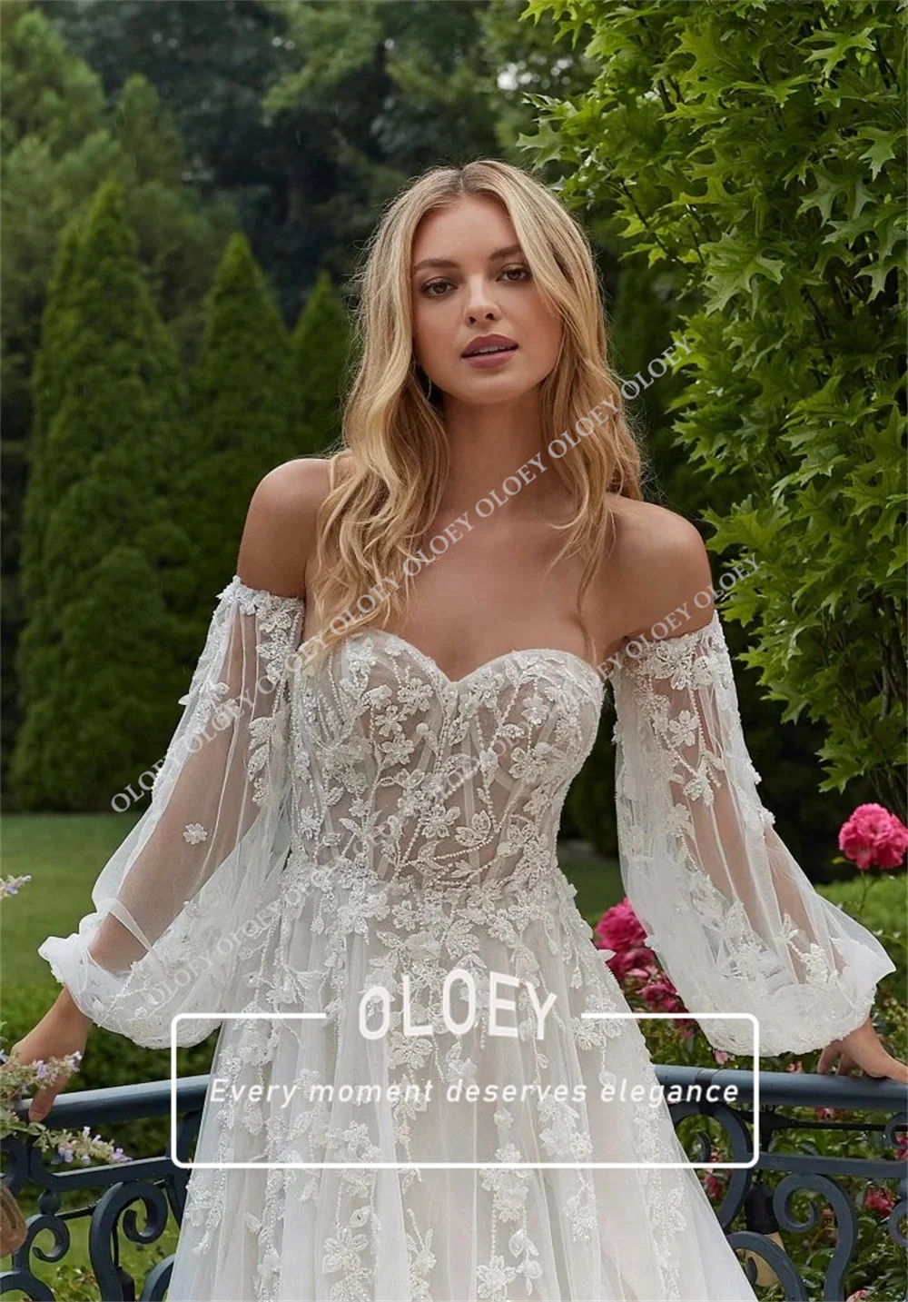 OLOEY Luxury Beaded Appliques Wedding Dress Sweetheart Neck A-Line 2027 Bridal Gown with Sleeves Customized Robe De Mariage