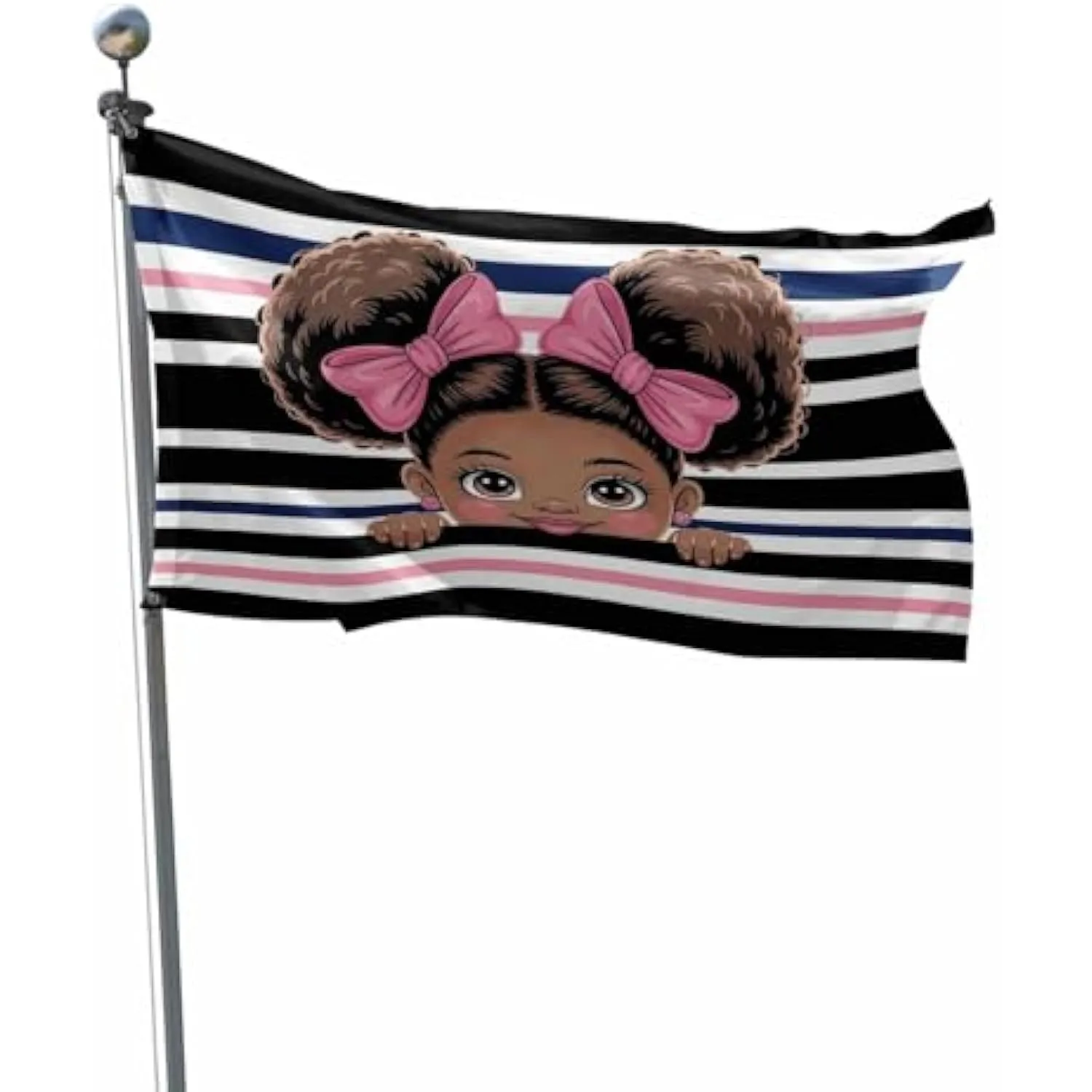 Cute African American Girl Peeking Black White Pink Stripe Garden Flag Durable Outdoor Banner