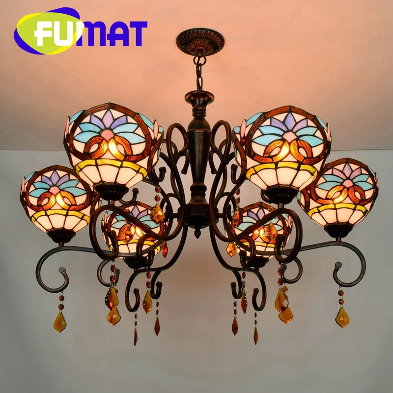 FUMAT Tiffany stained glass Crystal Hearts Baroque Crystal Chandelier Retro Pastoral Living room Bar restaurant aisle LED decor