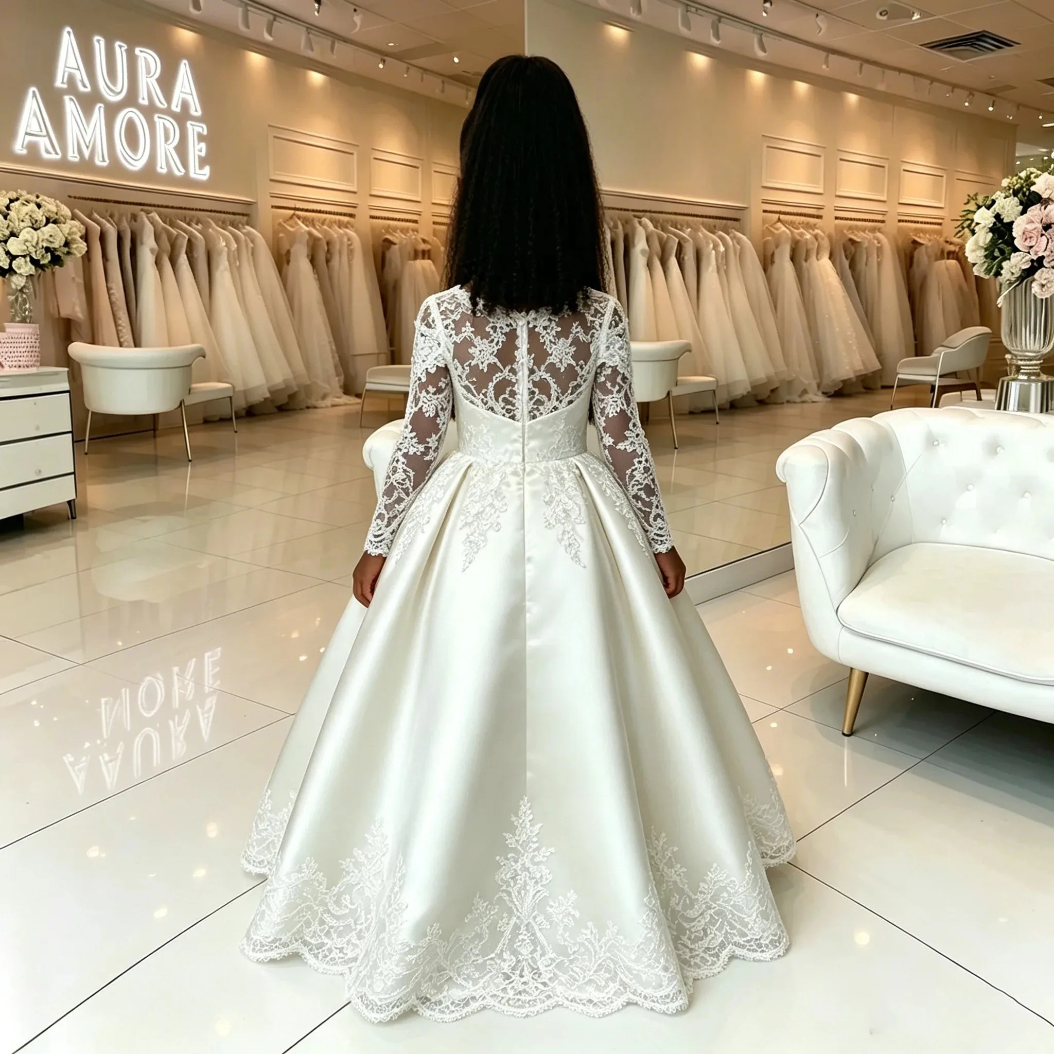 Wedding Party Girls Lace Long Sleeve Pageant Dresses Elegant Hand Embroidered Satin Trailing Flower Girl Dresses Girls