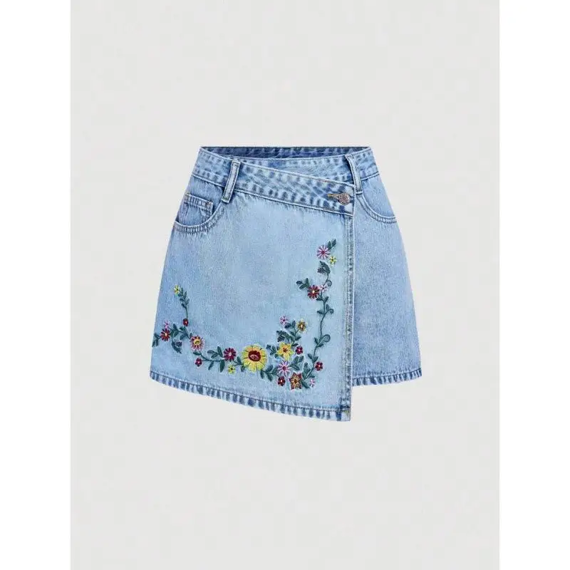 

Lolita Style Denim Skort Fake Two-Piece Low Waist Mid-Elasticity Winter Collection Women's Jeans Skirt Pants Cross-Border