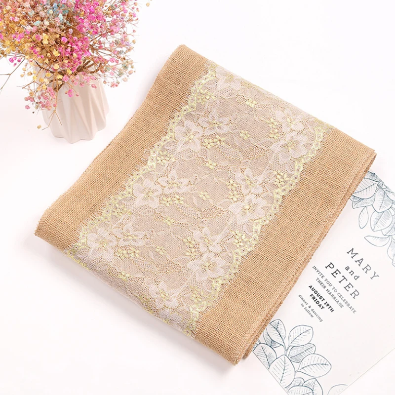 

Natural Jute Table Runner Gold Lace Table Runners for Wedding Christmas Restaurant Banquet Party Tablecloth Decoration