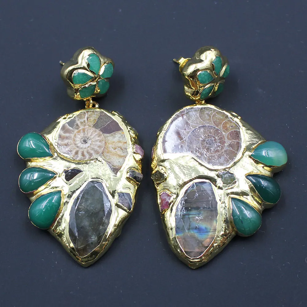 Natural Green Agate Gold Plated Labradorite Tourmalines Chips Dangle Stud Earrings For Women