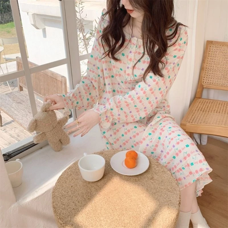 Cute Long Sleeve Pajamas Set Women Spring Autumn Sleepwear Suit 2024 New Slim Princess Nigthdress Girls Casual Loose Sleepshirts