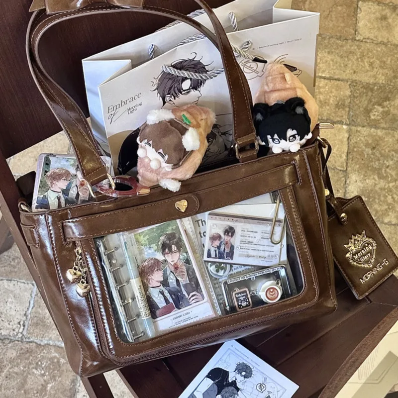 Y2K Itabag PU JK Brown PU Leather ItaBag With Clear Window Bowknot Handle Shoulder Crossbody Bag Display Cards Anime Gift New