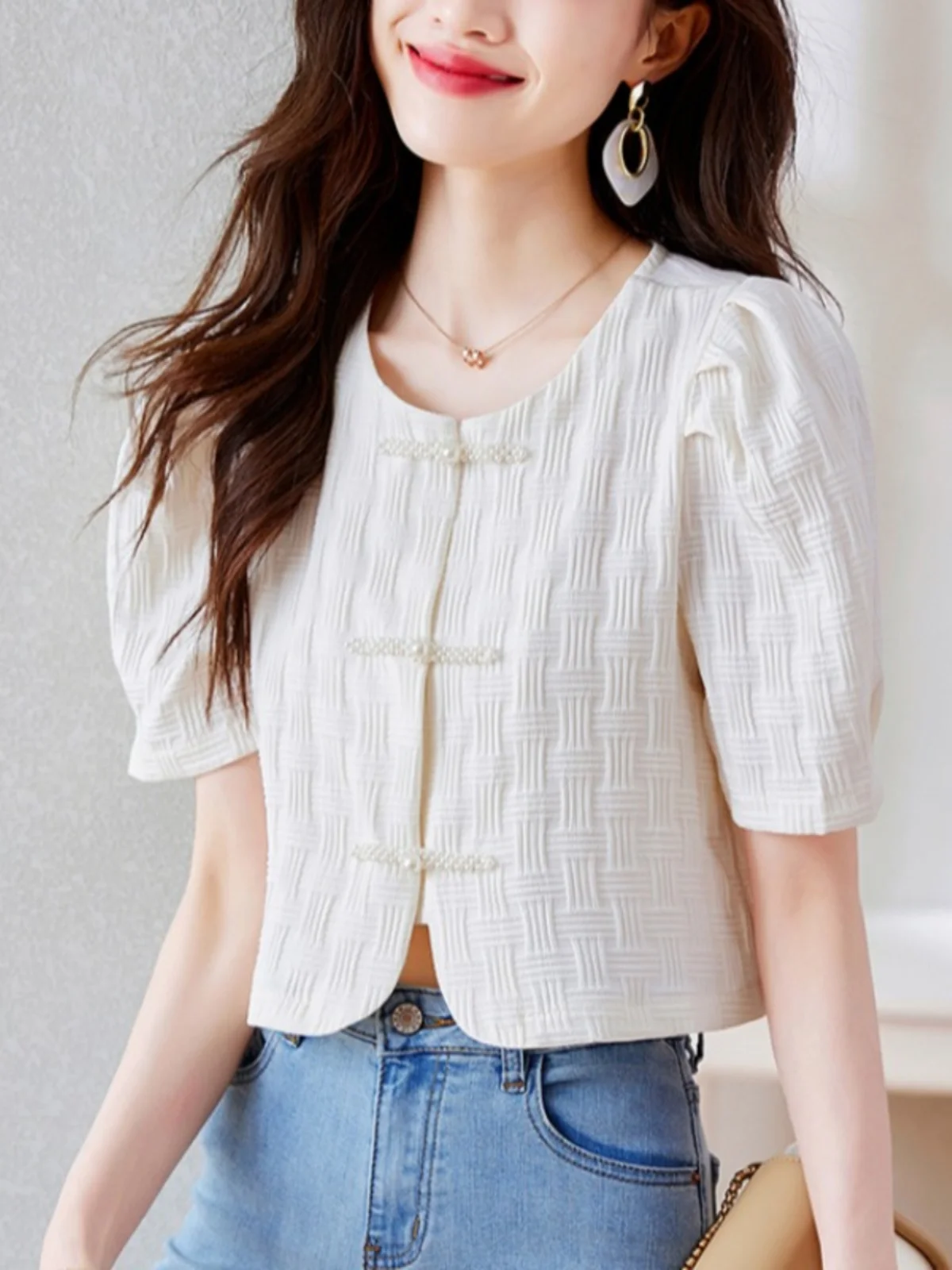 

Ele ort Sve Bubble irt Women's Faionable Design Qipao Sle Top Commute Wind Straight Cut Summer New Arrival