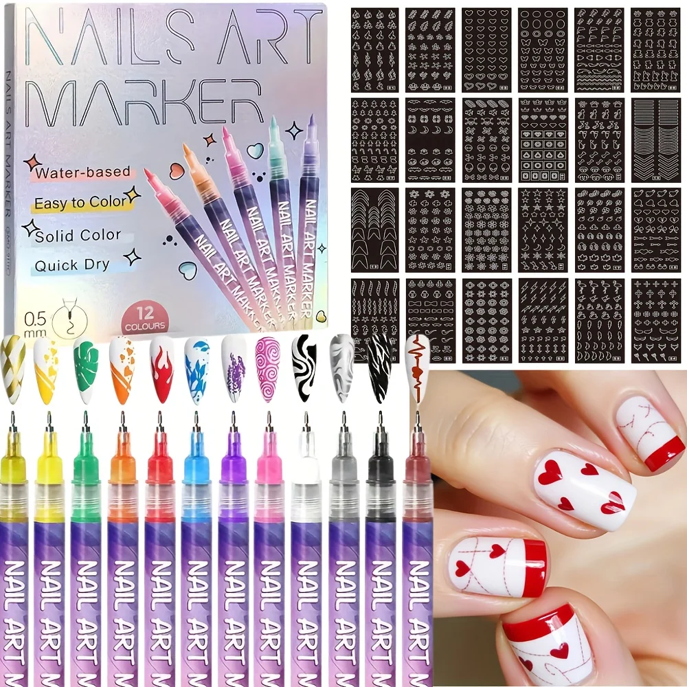 

12-Color Nail Art Pen + 24 Template Nail Sticker Set, Nail Polish Pens Drawing Painting Point Liner Acrylic DIY Painted Pen Kit