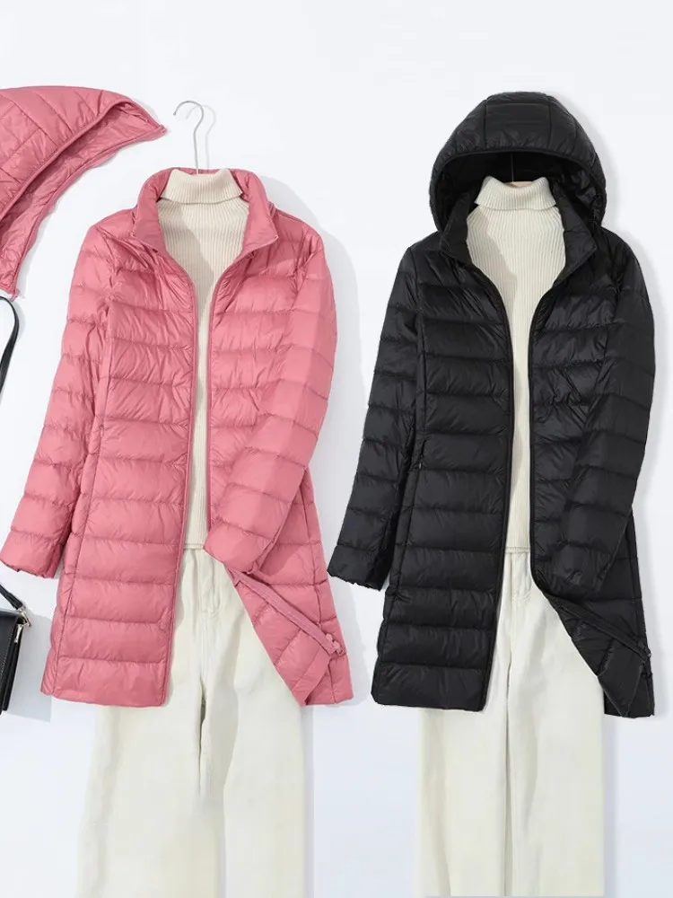 Winter Women Hat Detachable Hooded Down Jacket Warm Light Thin White Duck Down Coat Parkas Ladies Long Bigsize Puffer Outwears