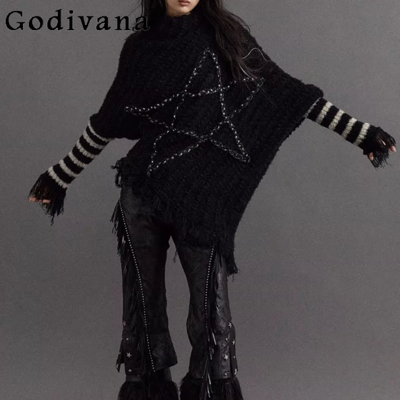 Spring Autumn New Loose Retro Punk Street Knitted Sweater Street Girl Personality Irregular Leisure Simple Long Sleeve Tops