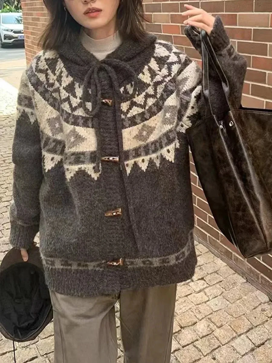 Mantel Sweter Rompi Tebal Kancing Tanduk Kerbau Longgar Jacquard Antik Musim Semi Musim Gugur Wanita Korea