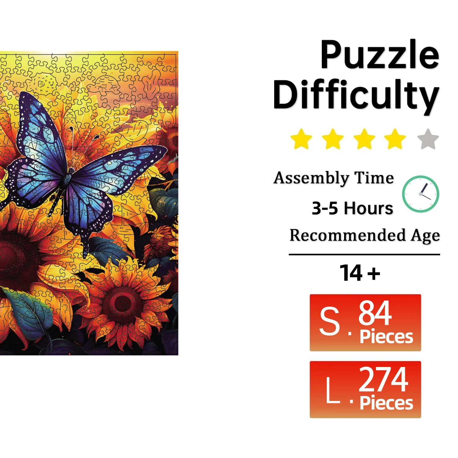 Rompecabezas de madera de mariposa de girasol, rompecabezas de madera de piezas de formas únicas para adultos, regalo de Navidad, juego familiar, decoración del hogar