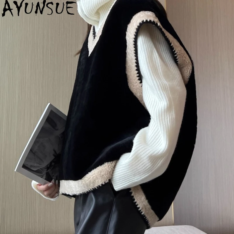 

AYUNSUE Роскошный жилет из натуральной овчины, женское пальто без рукавов из натуральной кожи, зимняя одежда, женская шуба Женская контрастного цвета