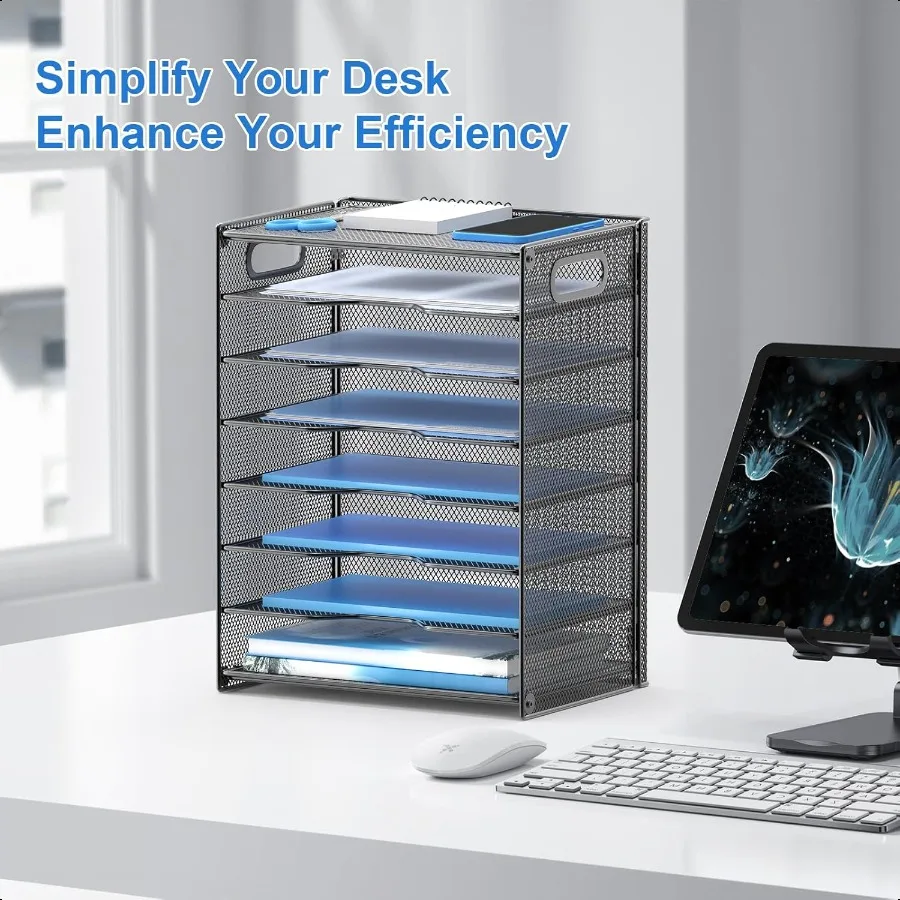 صينية رسائل تنظيم الورق مكونة من 8 طبقات مع منظم مستندات المكتب الشبكي المقبض مع 8 أوراق شفافة ومفرز باللون الأسود