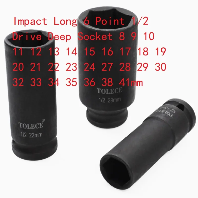 

Impact Long 6 Point 1/2 Drive Deep Socket 8 9 10 11 12 13 14 15 16 17 18 19 20 21 22 23 24 27 28 29 30 32 33 34 35 36 38 41mm