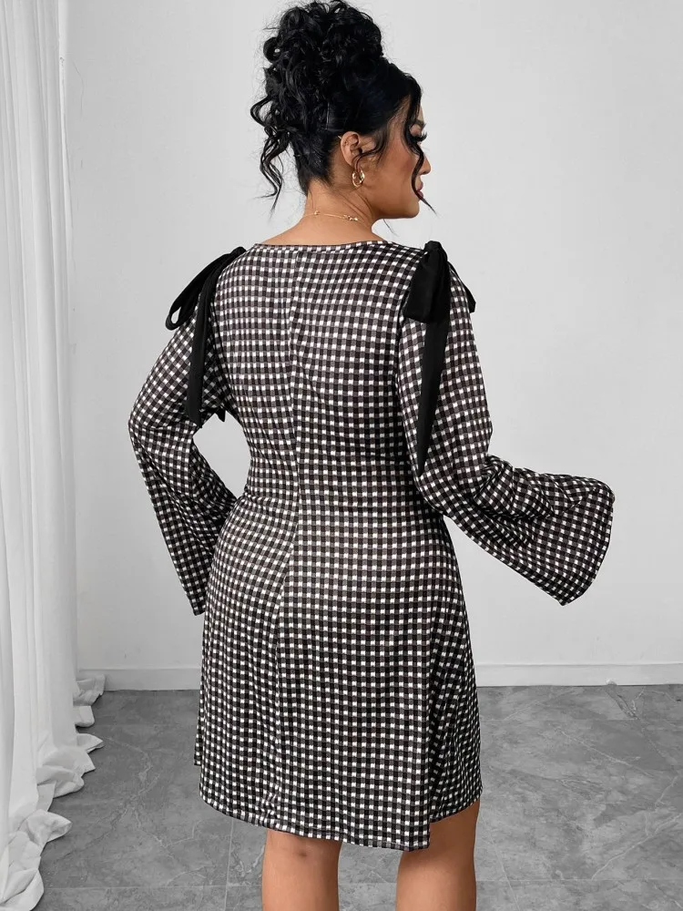 Sukienka XL-4XL Plus Size na wiosnę i jesień, nowa, w kratę, z nadrukiem, z dekoltem typu O, długie rękawy, modna, do pracy, dopasowana, elegancka.