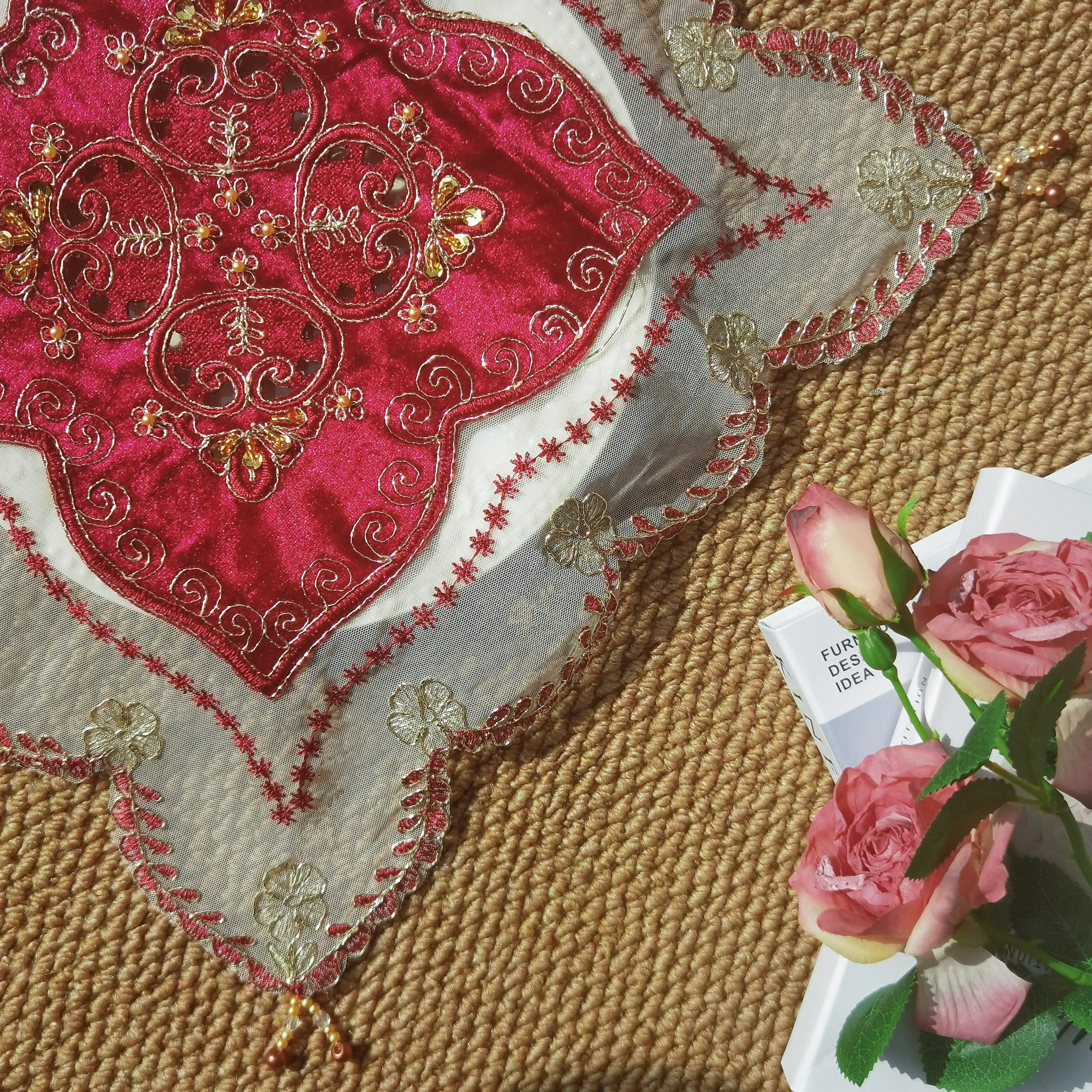 2/4/6pcs American Breakfast Placemat Red Embroidery Placemats Handmade Bead Plate Mat Vintage Coasters Easter Decoration 2026