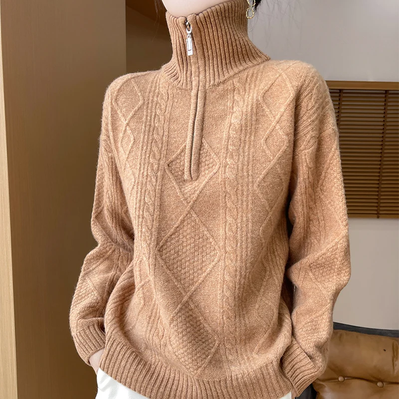 

Утепленная женская одежда из 100% мериносовой шерсти, теплый жаккардовый свитер, осенне-зимний модный пуловер с высоким воротом и длинными рукавами, кашемировый