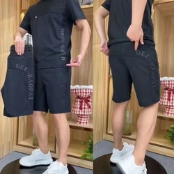 Ice Silk Men's 2024 Summer New Spliced Head O-Neck Fashion Solid Color Letter Pocket Loose Versatile Short Sleeve Shorts Suit