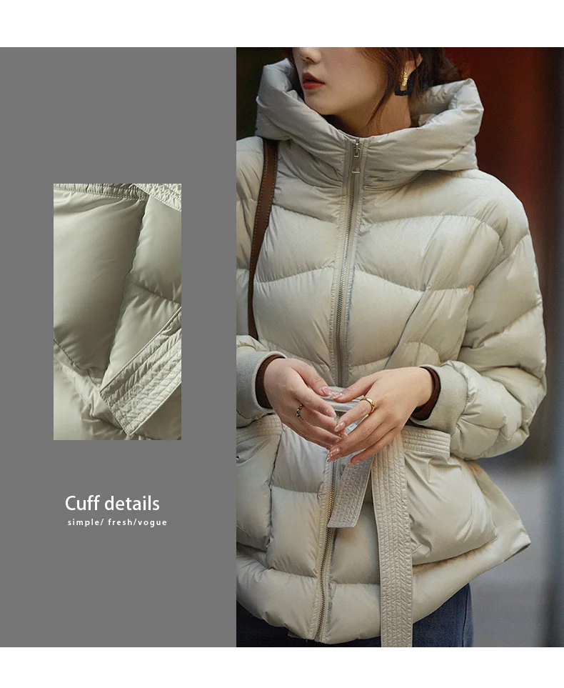 No hinchado, cintura delgada y chaqueta ligera de plumón de ganso con capucha de alta gama, chaqueta de plumón de pan para mujer, 95% plumón de ganso blanco, 4 colores
