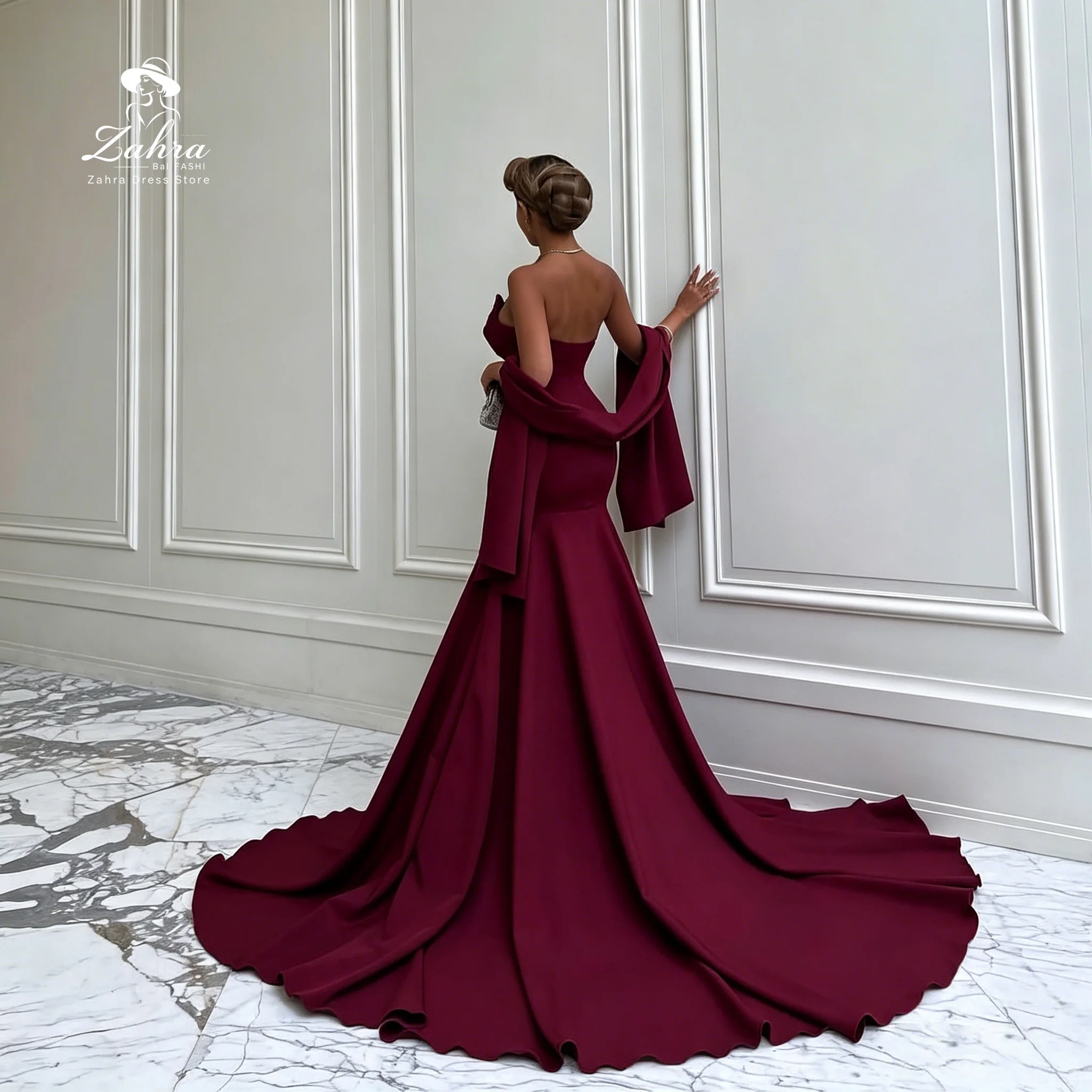 

Women's Formal Evening Gowns Burgundy 2 Piece Cape Strapless Mermaid Long Train Satin Evening Dresses Wedding Party Dresses