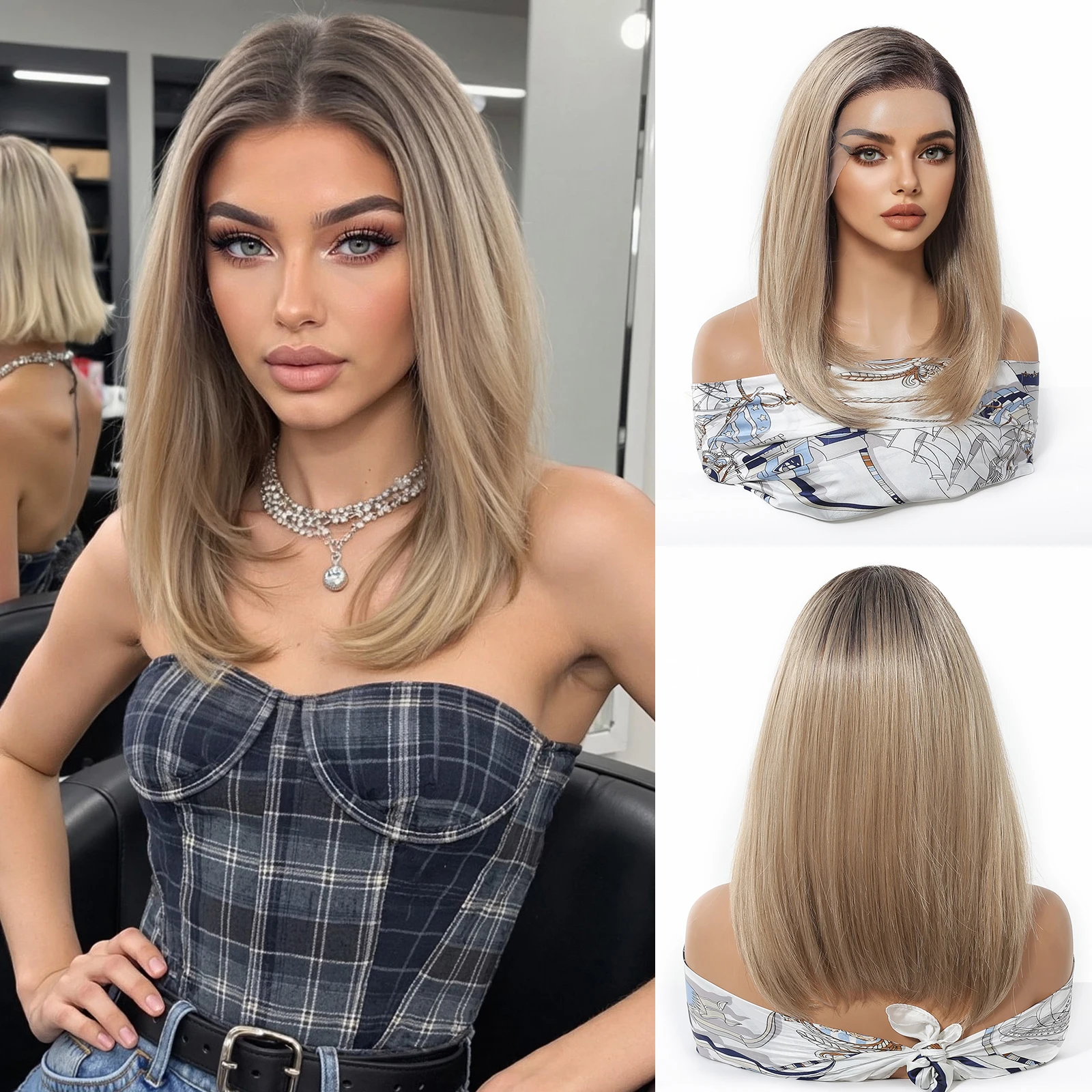 

13x6 Кружевные фронтальные синтетические парики Короткие прямые волосы Светлые парики Ежедневное использование Вечерние парики с темными корнями для женщин Термостойкие парики