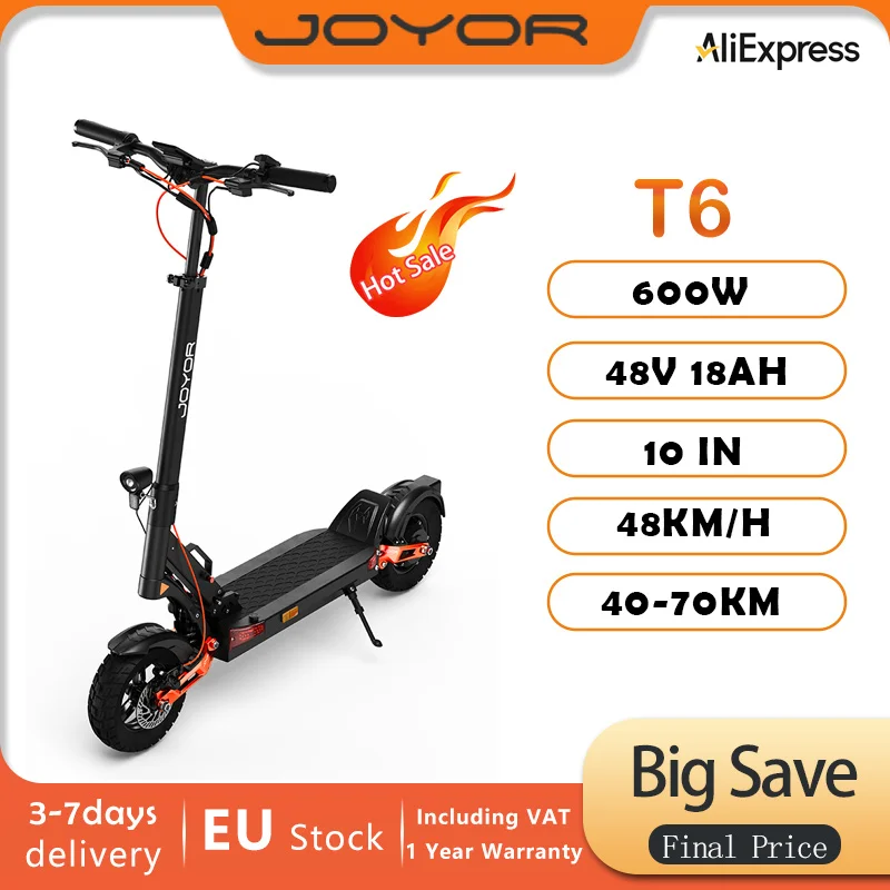 JOYOR T6 Foldable Electric Scooter 600W, 48V 18Ah battery, range 70km, 10 inch off-road tires, front and rear shock absorbers