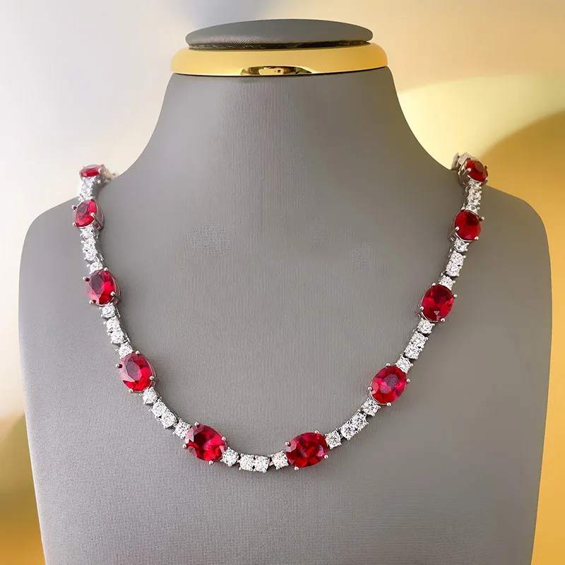 Silver Color 7*9mm Oval Cut Red Cubic Zirconia Chain Necklaces for Women Vintage Simulated Ruby Chokers Necklace Wedding Jewelry