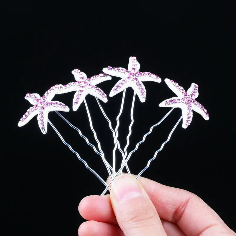 12Pcs Korean U-shaped Hairpin Pin Hair Accessories Bride Hair Clips Small Starfish Rhinodrill Braided Hair Fork Headpiece HA551