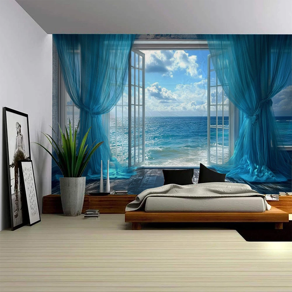 3D Window Seascape Decoration Tapestry Window Beach Seascape Decoration Tapestry Home Background Decoration