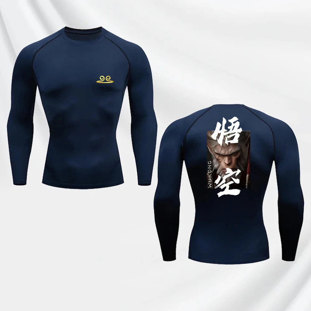 

Fashionable black myth Wukong printed fitness long-sleeved men jogging jujitsu training elastic compression shirt T-shirt S-3XL