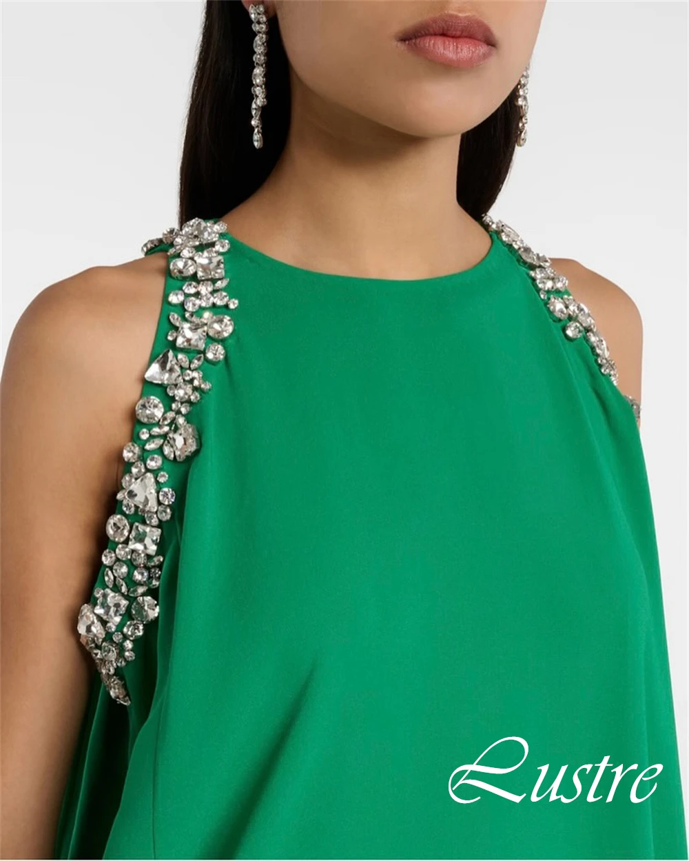 Customized Crew Neck Sleeveless Cocktail Dress Straight Floor Length Modern Evening Dress Crystal Green Delicate Prom Dress