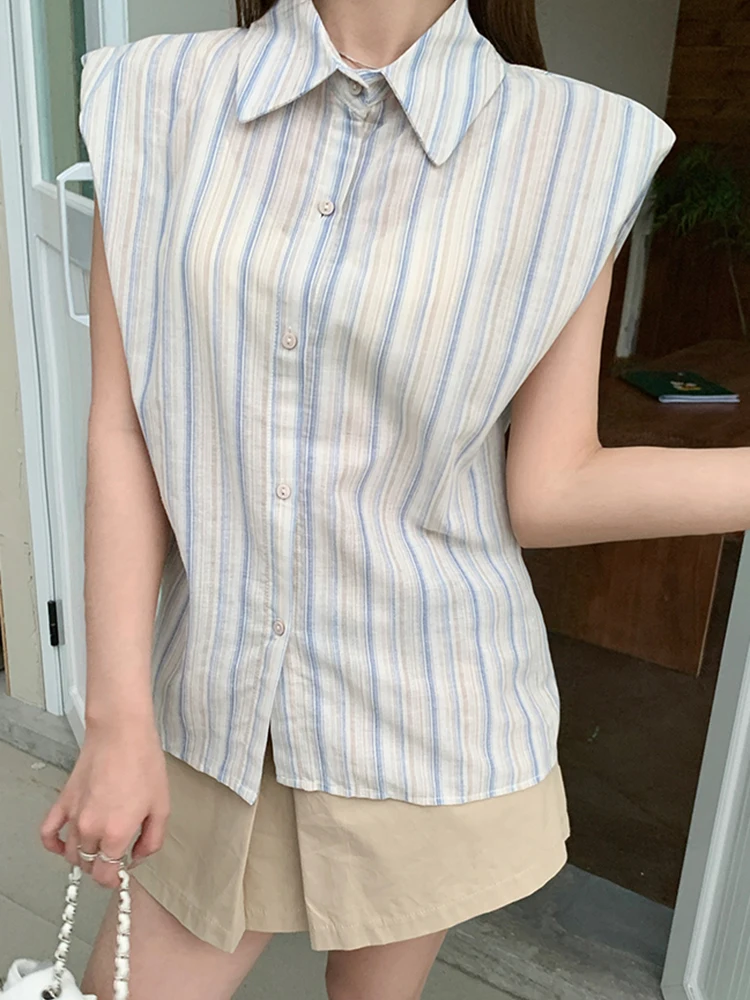 Women Vintage Striped Shirt Casual Korean Sleeveless Retro Sweet Blouse Summer Turn Down Collar Female Simple Design Tops