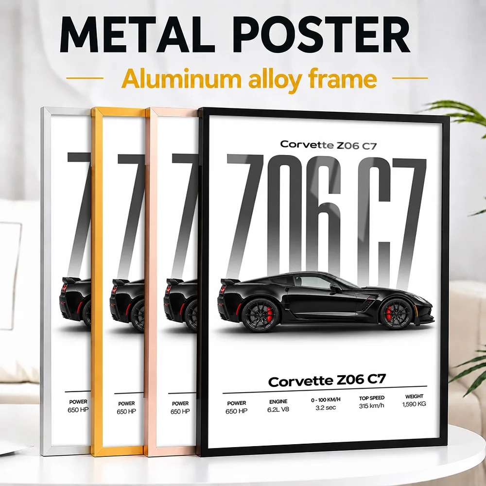 American Corvette Z06 C7 Black Sports Car Framed Metal Poster Personalized Precision Machine Wall Art Gift For Track Enthusiasts