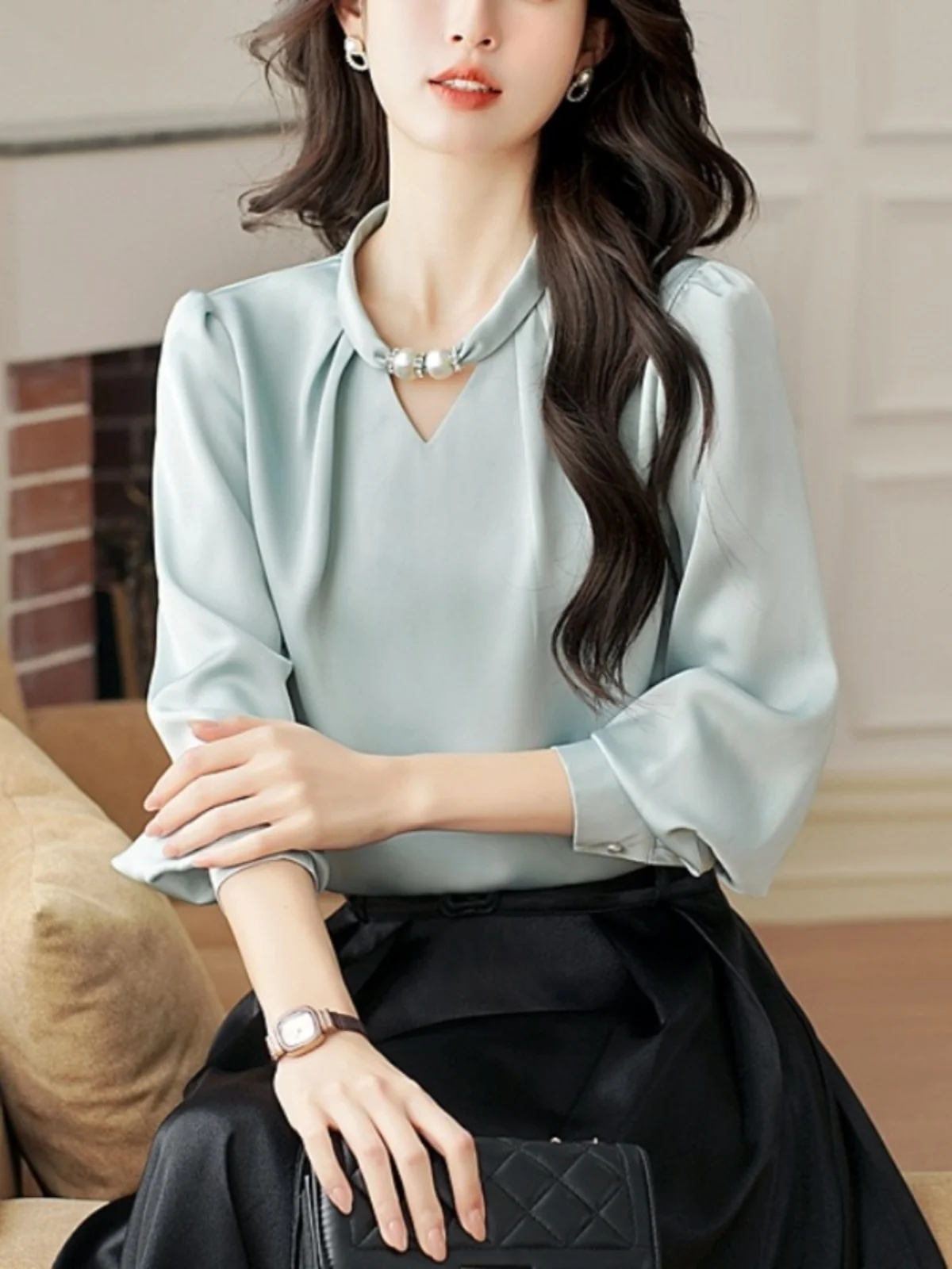 

Женская модная деловая блузка Ele Silk с воротником-стойкой, прямого кроя, с длинным рукавом, новинка весенней коллекции