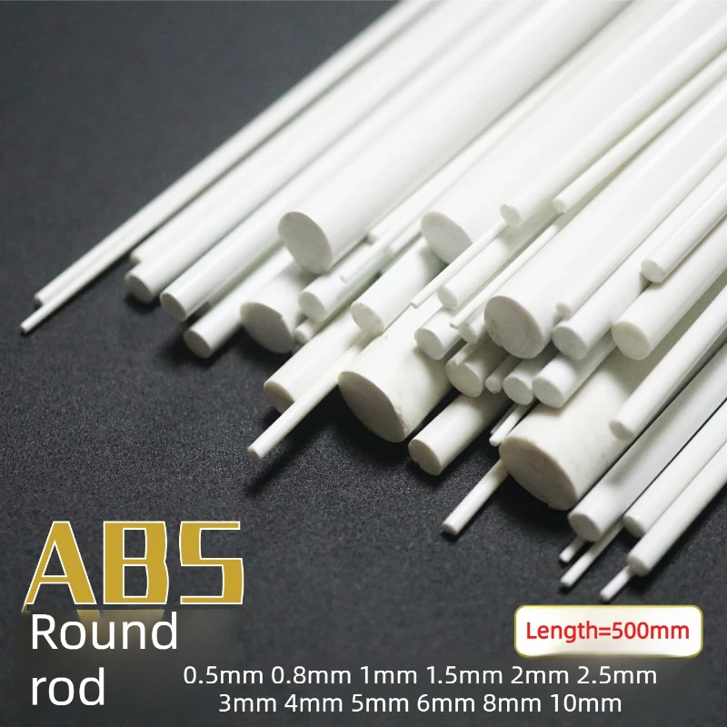 ABS Round Solid Plastic Rod Bar, Diameter 0.5/0.8/1/1.5/2/3/4/5/6/8/10mm, Length 500mm for Architecture Model Making, DIY Crafts