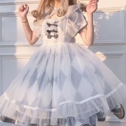 Sweet Alice Girl Lolita Dress Suit Women Summer Harajuku Victorian Dress Cute Bow Blue Plaid Short Sleeve OP Dress With Lace JSK
