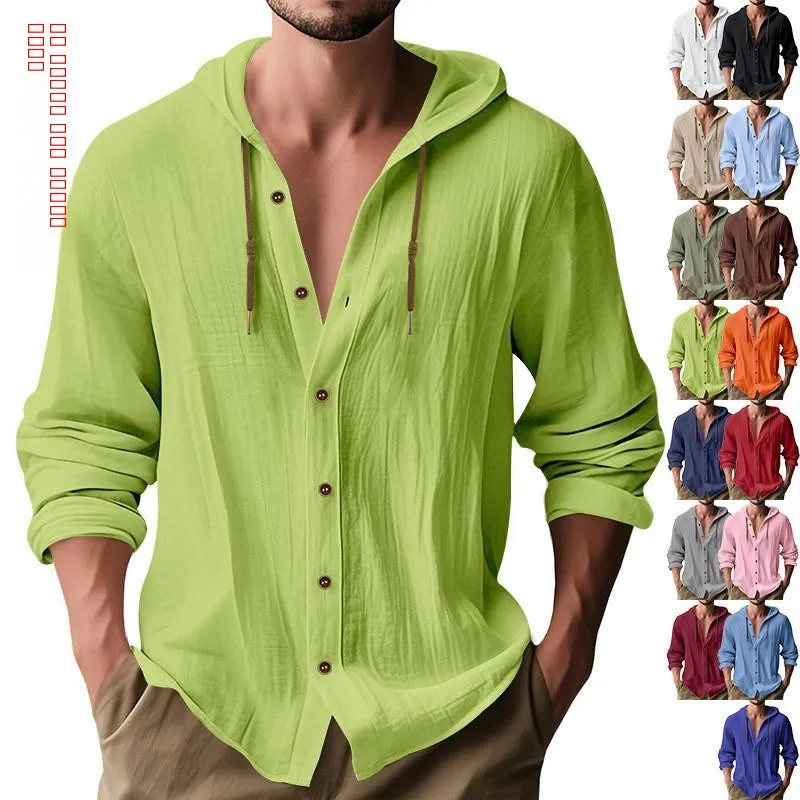 

Мужская повседневная льняная рубашка-куртка на пуговицах с капюшоном, весна-осень, разноцветная, спортивный стиль