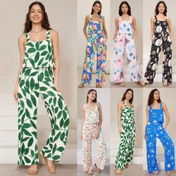 Women's Spaghetti-Strap Floral Print Wide Leg Jumpsuit, Casual Trousers, Summer Clothes, New Fashion