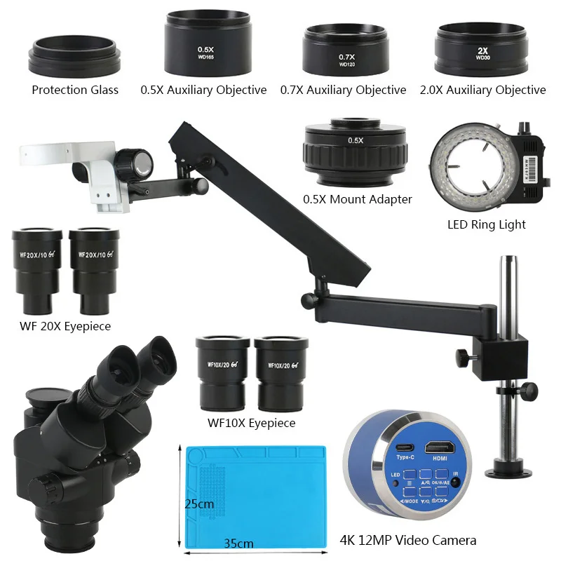 Rotate Arm Articulating Pillar Stand 3.5X-90X 180X Simul Focal Trinocular Stereo Microscope 4K 55MP 48MP 24MP HDMI USB Camera