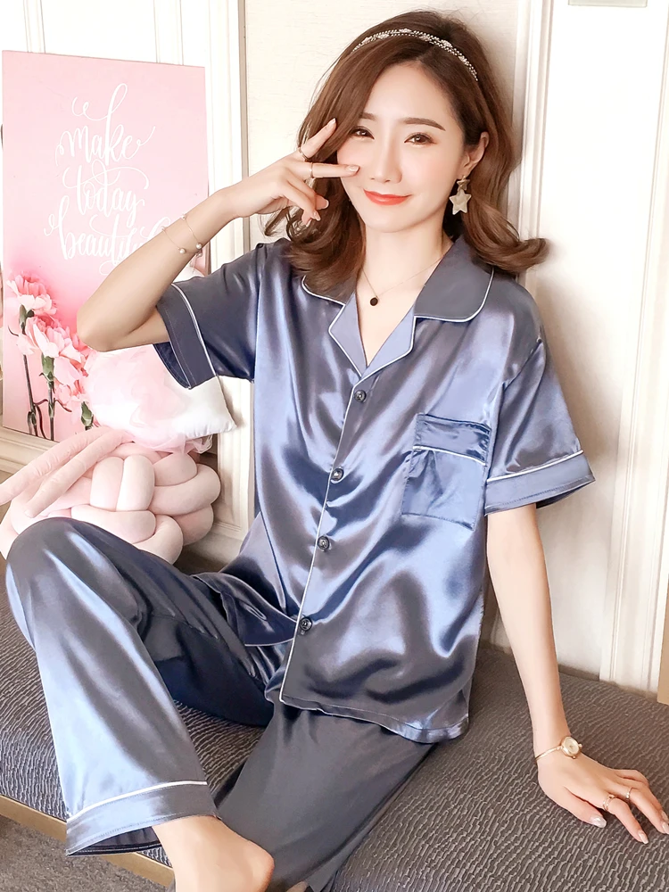 Ice Silk Sleepwear Women's Summer Thin Short Sleeve Loose Wide Leg Pants Sexy New True Silk Home Clothes Set Comfortable