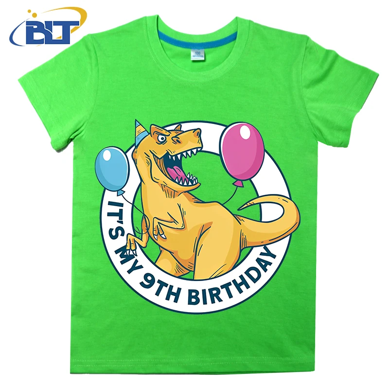 9th Birthday Balloon Dinosaur printed kids T-shirt, summer cotton short-sleeved casual top, suitable for both boys and girls