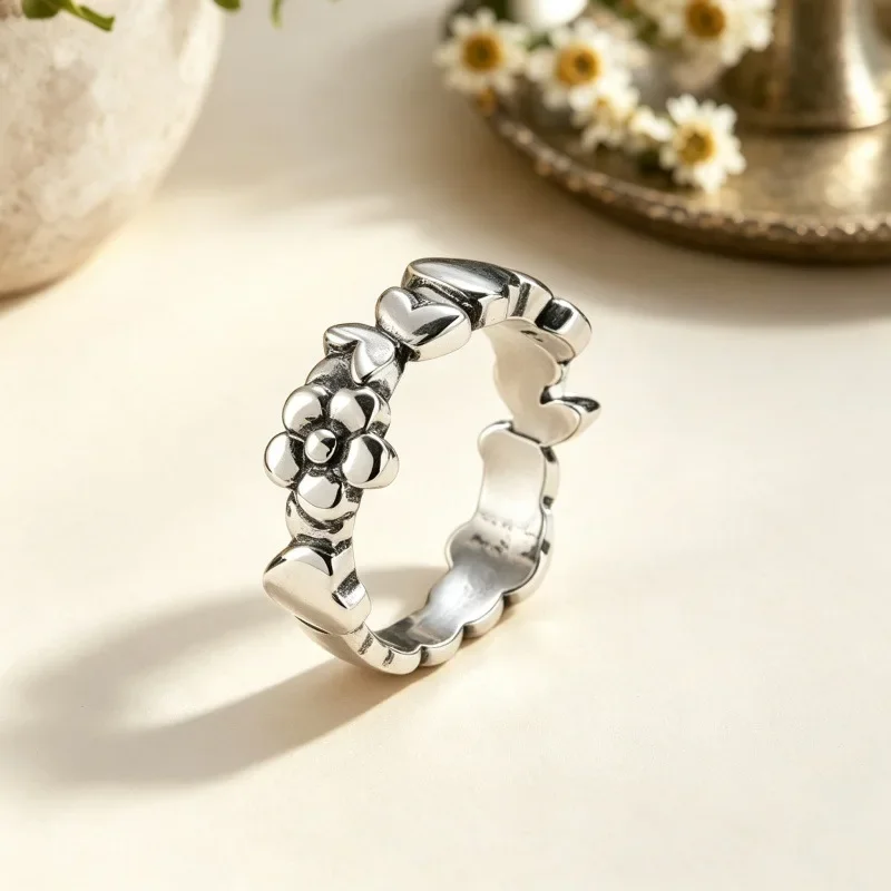 2027 Collection S925 Silver Floral Heart Finger Ring, Oxidized Retro Finish, Connected Heart And Flower Sculpture, Adjustable Opening, Lovely Women Daily Jewelry Accessory