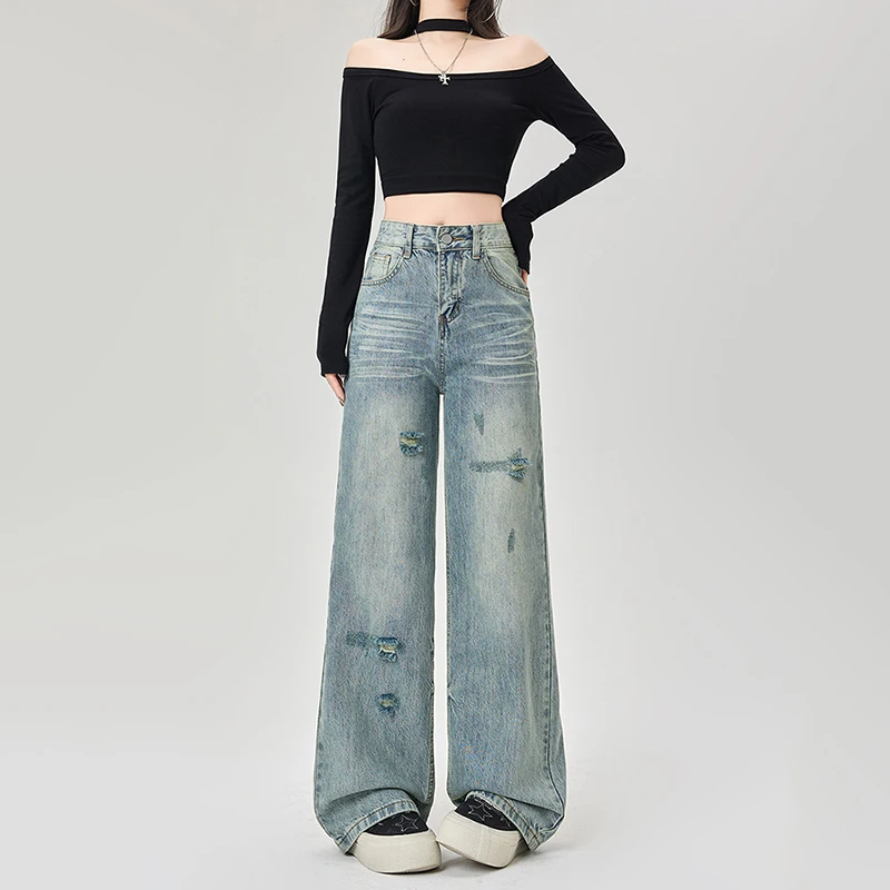 

Винтажные широкие женские джинсы с высокой талией, расклешенные джинсовые брюки в стиле ретро, свободные брюки для женщин, повседневная удобная уличная одежда
