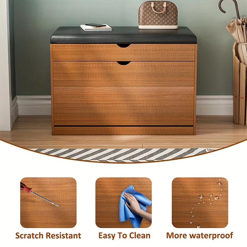Wooden Shoe Bench with Storage | 3-Tier Shoe Rack, Cushioned Seat & Hidden Cabinet | Space-Saving Entryway Organizer for Home image 6