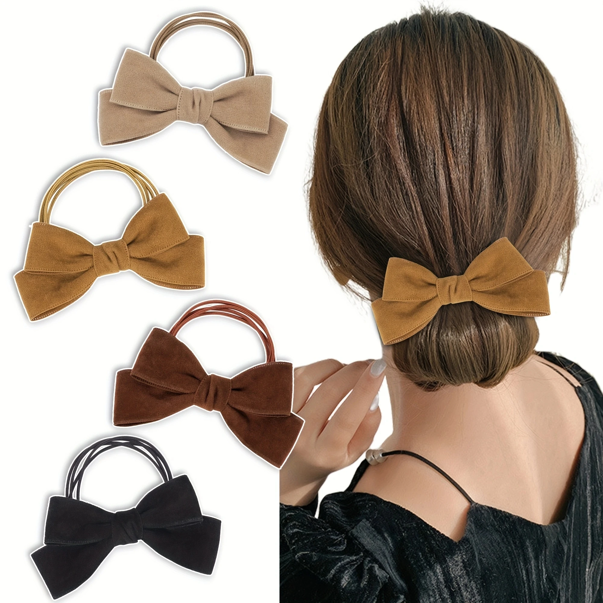 4 Pcs/set New Fashion Autumn Winter 4Inch Bow Flocking Hair Ring Elastic Hair Bands for Women Girl Hair Accessories Headwear