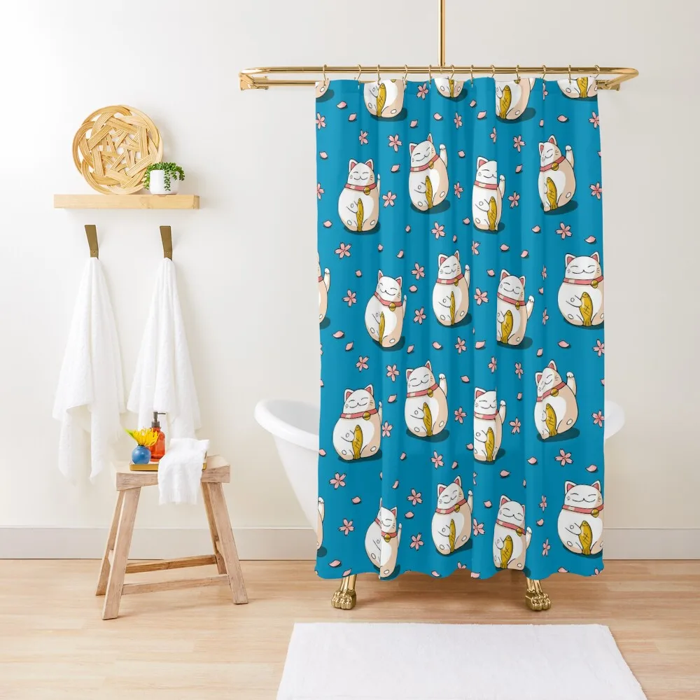

Maneki Cat Pattern Pink Cherry Blosson and Blue Shower Curtain Shower Set For Bathroom Bathroom For Shower Curtain