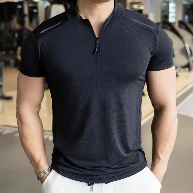 Summer Ice silk Mesh Running Gym Men Shirt short Sleeve Tees elastic fit Sports training Fitness Quick dry Zipper collar T Shirt