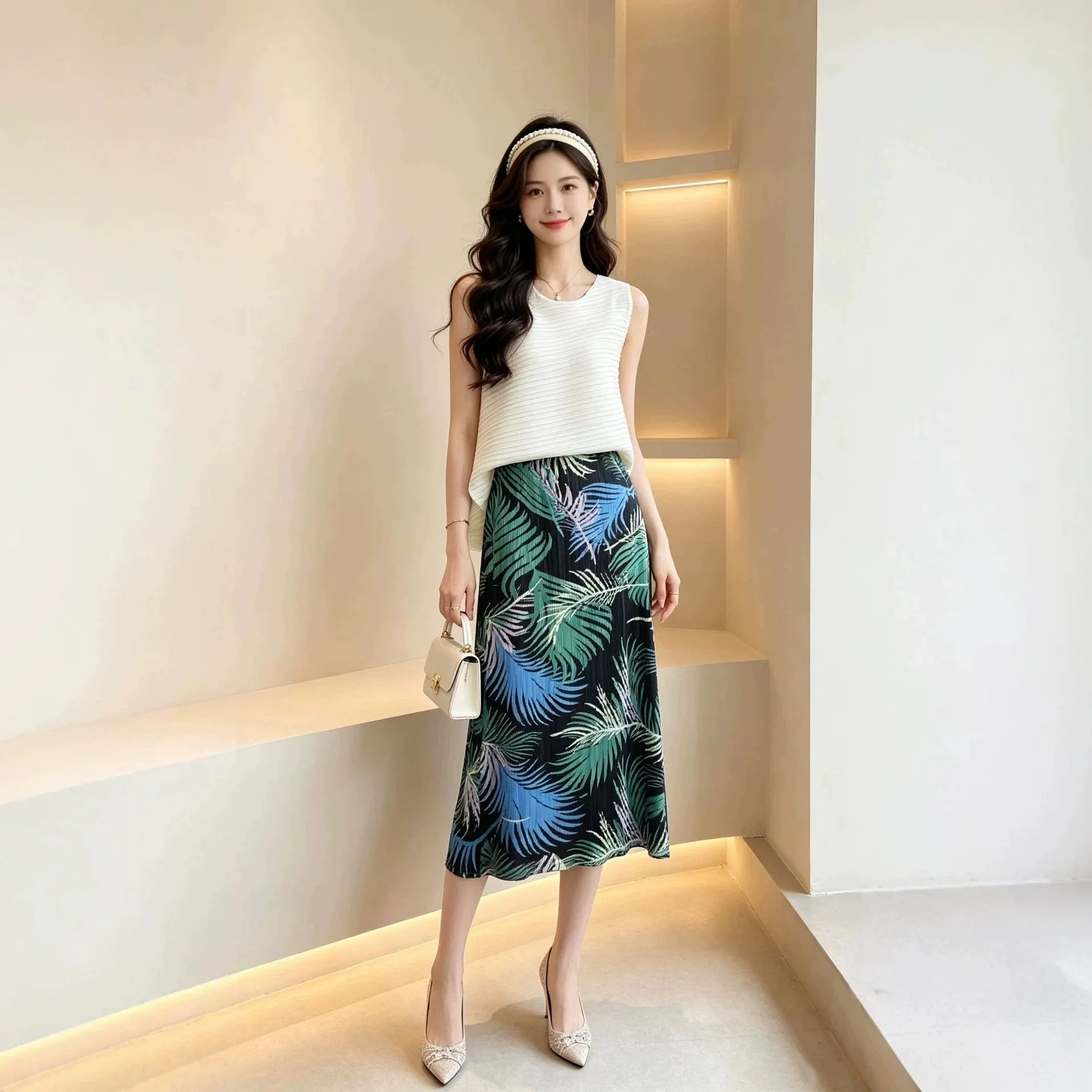 Miyake High Quality Printed Skirt Stretch Slimming Elegant Pleated Midi Skirt