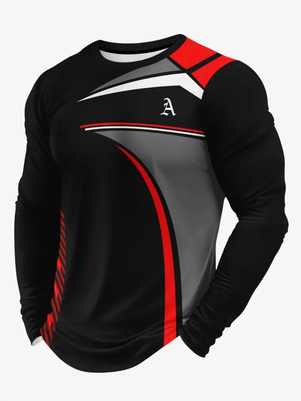 Urban Street Style 3D Strip Printed Men's Round-neck Long-sleeved T-shirt Outdoor Casual Sports Relaxed Breathable Versatile Top