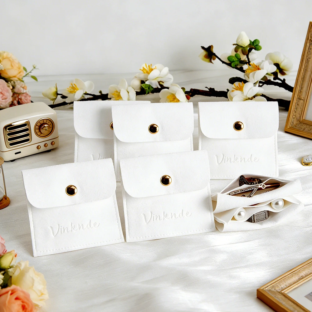 

50Pcs Luxury Microfiber Jewelry Pouch Elegant Snap Button Bags With Compartment Earrings Necklaces Organizer Bag Wedding Favors